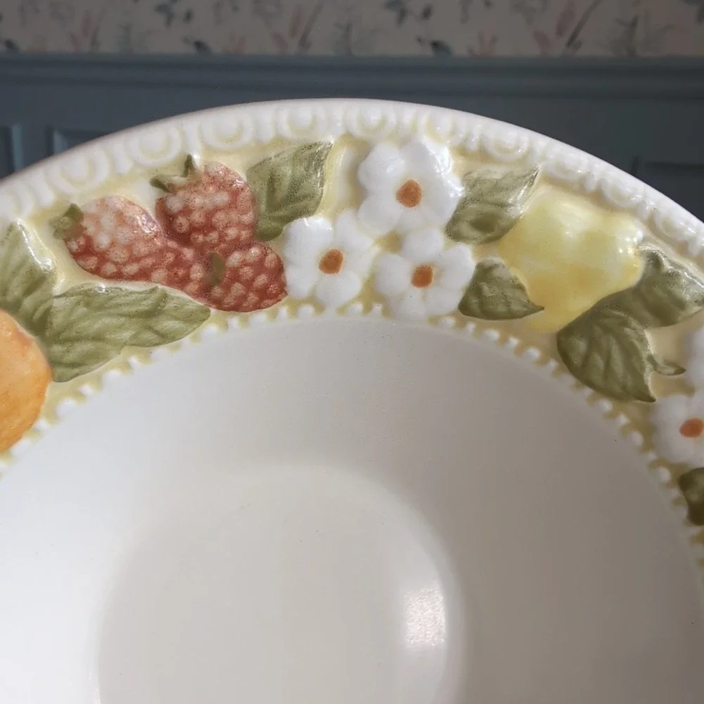 4 Vtg Metlox Vernon Ware Della Robbia 70s Fall Fruit Cereal Soup Bowls Set USA